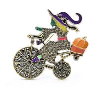 Whimsical Halloween Witch Riding Bicycle Brooch - Rhinestone Crystal Lapel Pin for Men & Women - Great Fall Festival Accessory & Party Favor(Grey)