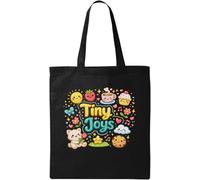 Whimsical Happy Little Characters Natural Cotton Tote Bag Black