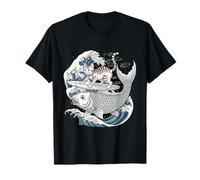 Whimsical Kitty Surfing Koi Fish Japanese Wave Ocean Art T-Shirt