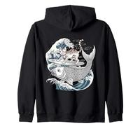 Whimsical Kitty Surfing Koi Fish Japanese Wave Ocean Art Zip Hoodie