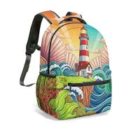 Whimsical Lighthouse & Orca All Over Print Backpack, Fantasy Fairy Tale 16 Inch School Bag for Kids Children & Teens (02)