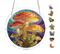 Whimsical Magic Mushroom Scene 7.8x7.8Inch Round Acrylic Jigsaw Puzzle Suncatcher, Crystal Window Decor Wall Art Ornament, Home Decoration Gift