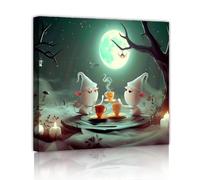 Whimsical Moonlight Canvas Prints Cute Ghost Spider Candle Wall Art Halloween Night Wall Decor for Living Room Teen Room Ready to Hang 90x90cm Innerframe