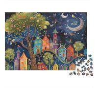 Whimsical Night Village Colourful Night City with Glowing Tree 1000 Pcs Jigsaws for Adults The Impossible Challenge Fun Present 70x50cm/1000pcs