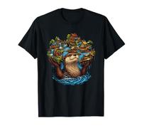 Whimsical Otter Holding Floating River Village T-Shirt