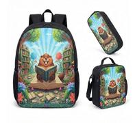 Whimsical Parisian Beaver with Beret Graphic Backpack 3 Piece Set 17 Inch School Bag for Teens Boys Girls Art Print (08)