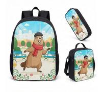 Whimsical Parisian Beaver with Beret Graphic Backpack 3 Piece Set 17 Inch School Bag for Teens Boys Girls Art Print (02)