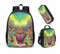 Whimsical Parisian Beaver with Beret Graphic Backpack 3 Piece Set 17 Inch School Bag for Teens Boys Girls Art Print (05)