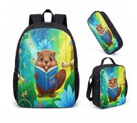 Whimsical Parisian Beaver with Beret Graphic Backpack 3 Piece Set 17 Inch School Bag for Teens Boys Girls Art Print (06)