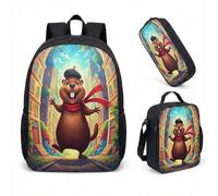 Whimsical Parisian Beaver with Beret Graphic Backpack 3 Piece Set 17 Inch School Bag for Teens Boys Girls Art Print (03)
