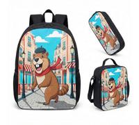 Whimsical Parisian Beaver with Beret Graphic Backpack 3 Piece Set 17 Inch School Bag for Teens Boys Girls Art Print (01)