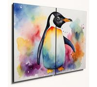 Whimsical Penguin Watercolor Wall Art on Wood MDF A4 Dual Set Canvas Alternative 40 x 30cm