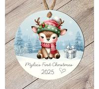 Whimsical Personalised Baby's First Christmas Animal Hanging Bauble Cute 1st Christmas Keepsake Tree Decoration Gift (Reindeer, MDF Wood - Indoor Use Only)