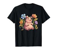 Whimsical Pig with Colorful Spring Flowers T-Shirt