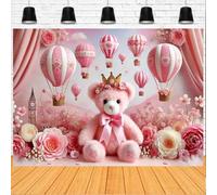 Whimsical Pink Sky and Bear Hot Air Balloon Backdrop Bear Gold Crown Baby Shower Backdrop Cute Pink White Floral Bow Hot Air Balloon Cloud Decor Banner Newborn Baby Shower Background(B, 7x5feet)