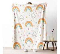 Whimsical Rainbow Motif Flannel Fleece Blanket Celestial Element Accent Throw Blankets for Sofa, Warm Cozy Azure Sherpa Bedding Blanket for Kids and Adults, 130x150 cm
