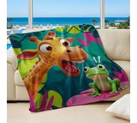 Whimsical Rainforest Printed Flannel Blanket, Adorable Giraffe and Little Frog Design, Perfect for Kids Room Sofa Bed Throw (02,130x150cm)