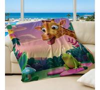 Whimsical Rainforest Printed Flannel Blanket, Adorable Giraffe and Little Frog Design, Perfect for Kids Room Sofa Bed Throw (05,75x100cm)