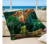 Whimsical Rainforest Printed Flannel Blanket, Adorable Giraffe and Little Frog Design, Perfect for Kids Room Sofa Bed Throw (03,150x200cm)