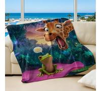 Whimsical Rainforest Printed Flannel Blanket, Adorable Giraffe and Little Frog Design, Perfect for Kids Room Sofa Bed Throw (04,75x100cm)