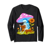 Whimsical Skeleton Reading Book Under Mushroom Long Sleeve T-Shirt