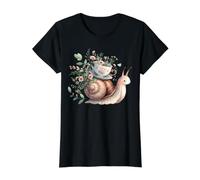 Whimsical Snail with Floral Teacup Charm Value Graphic T-Shirt, Women, Black, L