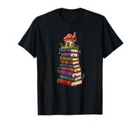 Whimsical Stack of Books with Mushroom House T-Shirt