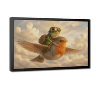 Whimsical Steampunk Frog With Aviator Goggles Riding Flying Robin Bird Above Soft Clouds Canvas Wall Art Poster, Cute Fantasy Animal Illustration, Wall Decor For Kids Nursery Playroom Whimsi Black Fra