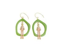 Whimsical Swing Figurine Dangle Hook Earrings, Irregular Glossy Green Open Frame with Striped Outfit Character Charm, Creative Art Statement Drop Earrings for Fashion Outfit Matching