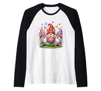 Whimsical Three Gnome Trio Blooming Flowers And Butterflies Raglan Baseball Tee