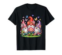 Whimsical Three Gnome Trio Blooming Flowers And Butterflies T-Shirt