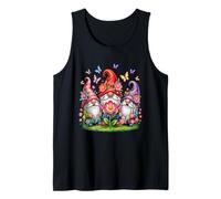 Whimsical Three Gnome Trio Blooming Flowers And Butterflies Tank Top