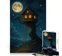 Whimsical Treehouse Under A Full Moon 1000 Piece Jigsaw Puzzles for Adults Jigsaw Critical Think Mindful Escape Firm Fit Ideal Xmas Gift (38x26cm)
