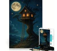 Whimsical Treehouse Under A Full Moon Jigsaw 1000 Pieces for Teenagers Mental Boost Game Firm Fit Secure Assembly Family Fun Night Activity (38x26cm)