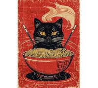 Whimsical Vintage Poster Illustration Of Cat In Noodle Bowl - A4 Wall Art Poster Featuring Cute Cats Perfect for Home or Office Decor Brings Joy and Warmth to Any Room with Feline Fun