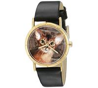 Whimsical Watches Abyssinian Cat Black Leather and Goldtone Photo Unisex Quartz Watch with White Dial Analogue Display and Multicolour Leather Strap P-0120033