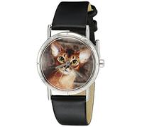 Whimsical Watches Abyssinian Cat Black Leather and Silvertone Photo Unisex Quartz Watch with White Dial Analogue Display and Multicolour Leather Strap R-0120033