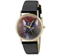 Whimsical Watches Bombay Cat Black Leather and Goldtone Photo Unisex Quartz Watch with White Dial Analogue Display and Multicolour Leather Strap P-0120037