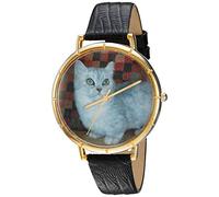 Whimsical Watches Munchkin Cat Black Leather and Goldtone Photo Unisex Quartz Watch with White Dial Analogue Display and Multicolour Leather Strap N-0120047