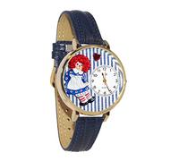 Whimsical Watches Raggedy Ann Navy Blue Leather and Goldtone Unisex Quartz Watch with White Dial Analogue Display and Multicolour Leather Strap G-0220003