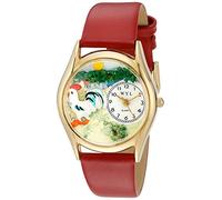 Whimsical Watches Rooster Red Leather and Goldtone Unisex Quartz Watch with White Dial Analogue Display and Multicolour Leather Strap C-0110004