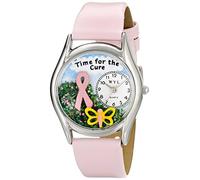 Whimsical Watches Time for the Cure Pink Leather and Silvertone Unisex Quartz Watch with White Dial Analogue Display and Multicolour Leather Strap S-1110002