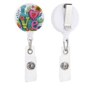 Whimsical Watercolor Flowers and Word Love Retractable Badge Holder Reel Clip ID Card Holder for Doctor Nurse Student Office Worker