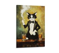 Whimsical Whiskey Cat Wall Art, Moody Tuxedo Funny Animal Print Perfect for Bar Man Cave And Home Decor Hanging Paintings Poster 20x30inch(50x75cm)