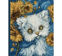 Whimsical White Kitty & Sunflowers Notebook: Van Gogh - Inspired Artwork, 110 lined pages, 7.5" x 9.25”