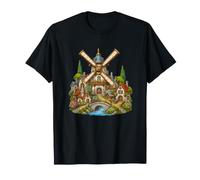 Whimsical Windmill Village Countryside Scene T-Shirt