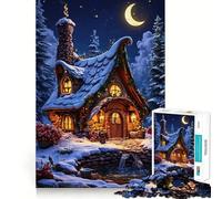 Whimsical Winter Cottage Under Crescent Moon Jigsaw for Adults 1000 Pieces Brain Memory Game Laser Cut for Flawless Fit Unique Gift for Stress Relief (38x52cm)