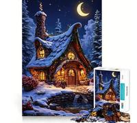 Whimsical Winter Cottage Under Crescent Moon Jigsaw for Teenagers 1000 Pieces Mind Boost Fun Clean Cut Sturdy Components Heartwarming Gathering Activity (50x75cm)