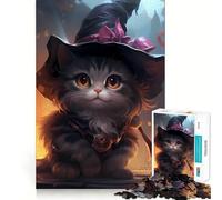 Whimsical Witch Kitten Art Jigsaw Puzzles 1000 Mental Focus Game Precision Cut Smooth Edges Meaningful Connection Building Game (38x26cm)