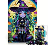 Whimsical Witch with Black Cat Jigsaw Puzzles 1000 Mental Focus Game Precision Cut Smooth Edges Meaningful Connection Building Game (38x26cm)